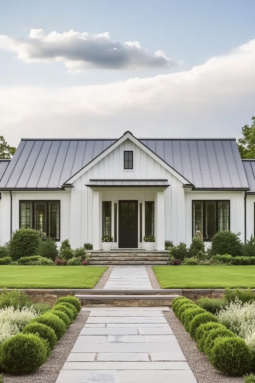 Sleek white house with a gray roof and manicured lawn