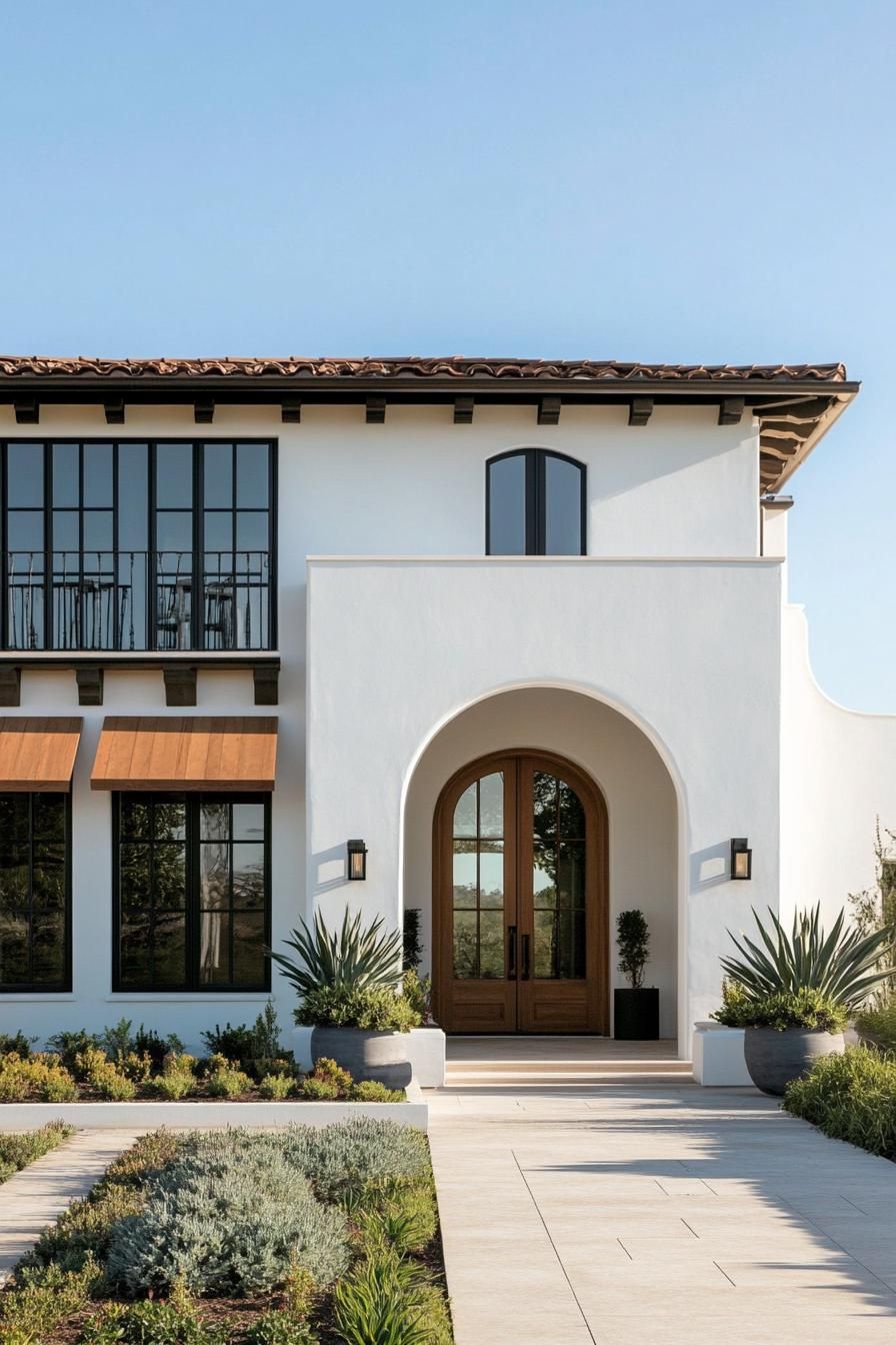 Front view of a Mediterranean-style house with an arched entrance