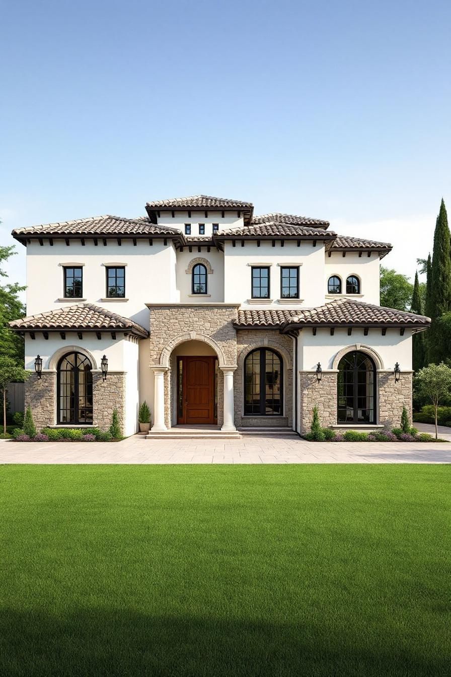 Elegant Mediterranean-style house with stone facade and arched windows