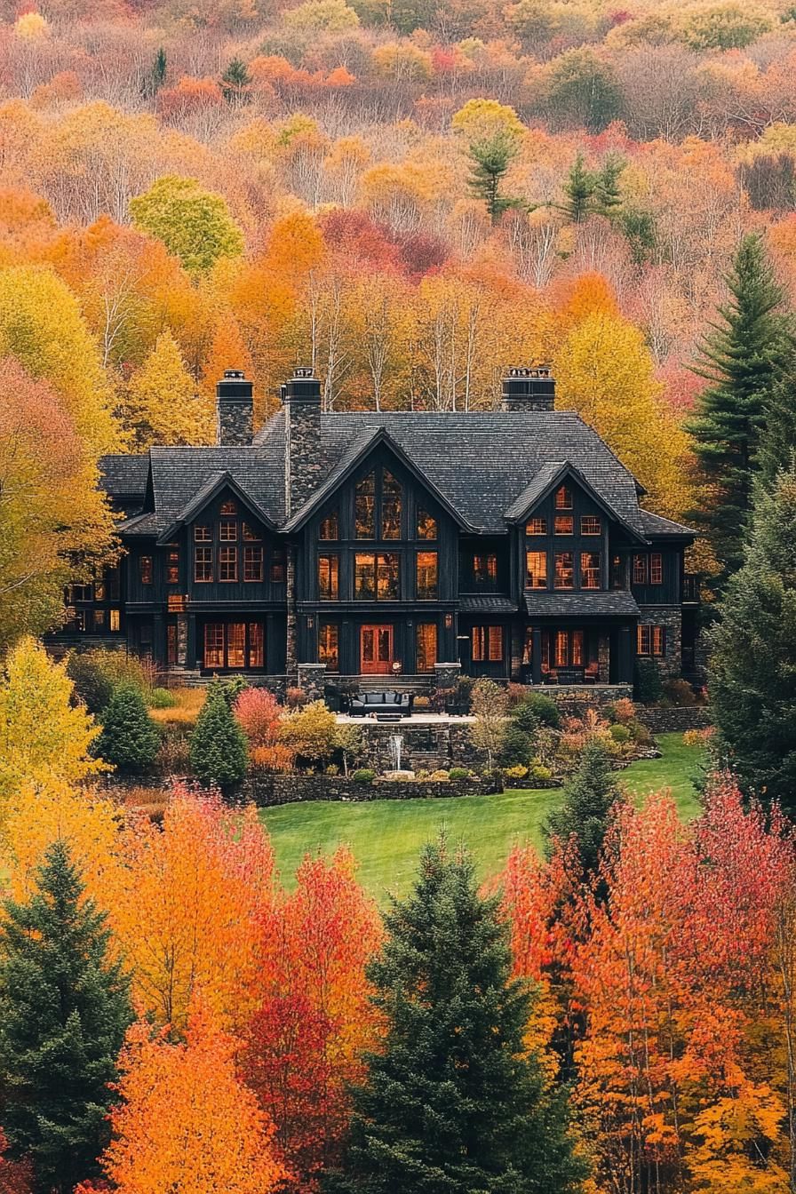 Grand mansion surrounded by vibrant autumn trees