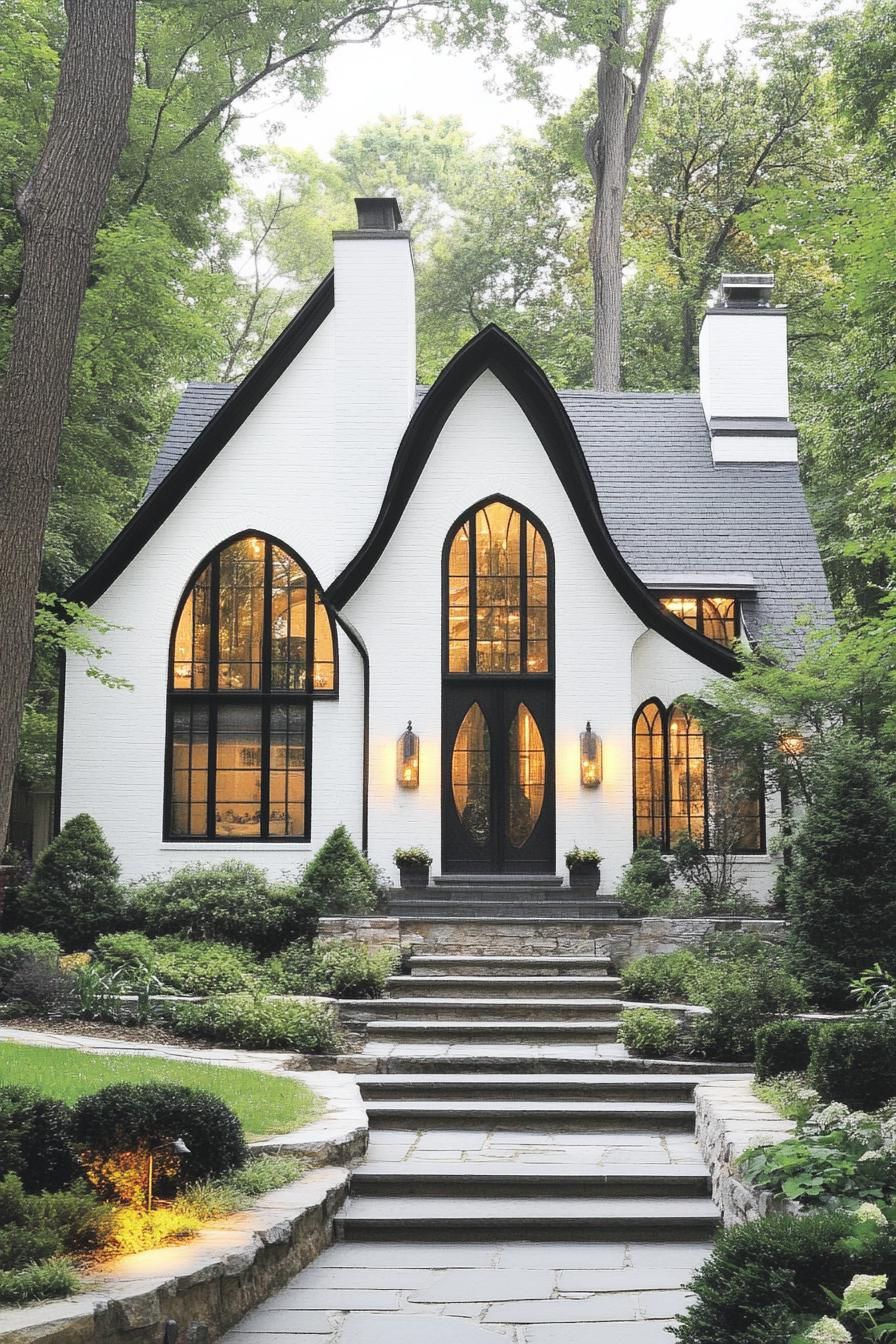 Elegant modern Tudor house with arched windows surrounded by lush greenery