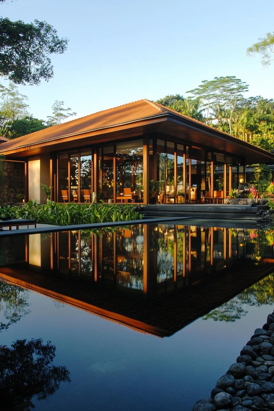 Tropical villa with large glass windows and lush surroundings