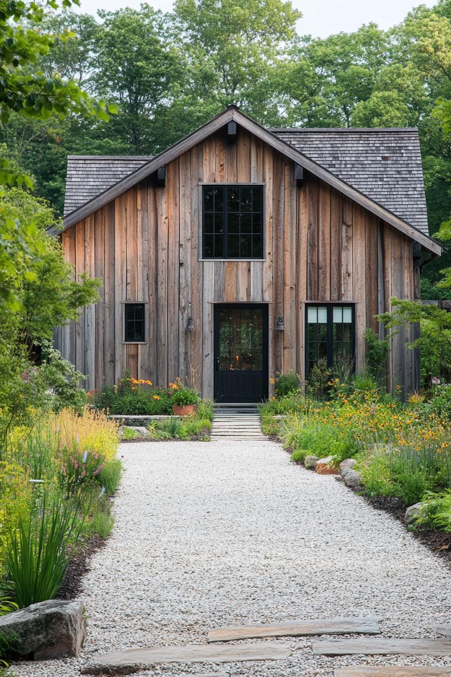 moder barn style countryside house with reclaimed wood siding gravel driveway 2