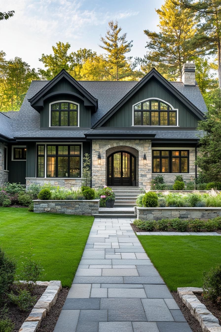 modern cottage with forest green siding stone foundation stone grey multi pitched roof white large windows with mouldings arched entry with steps 3