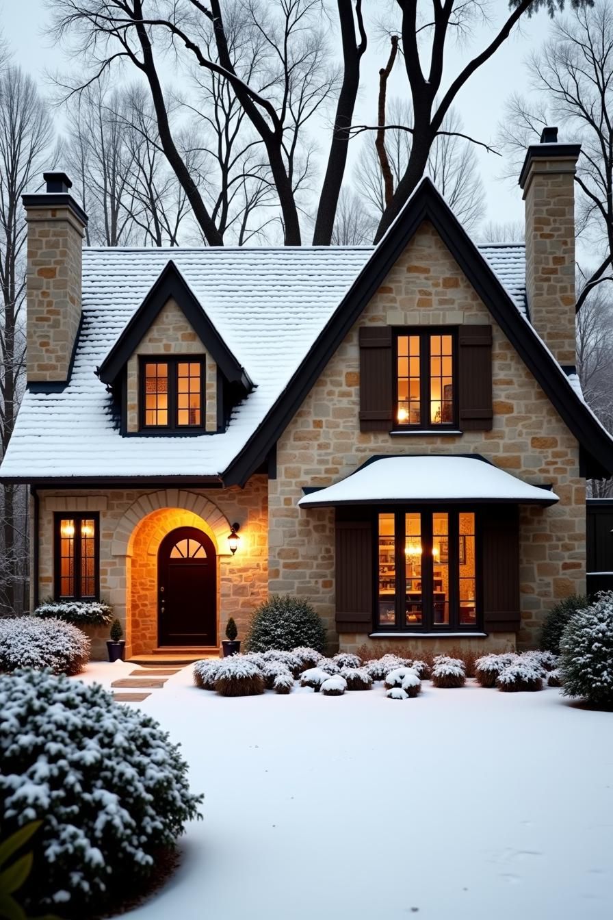 Cozy stone house with snow-covered roof and glowing windows