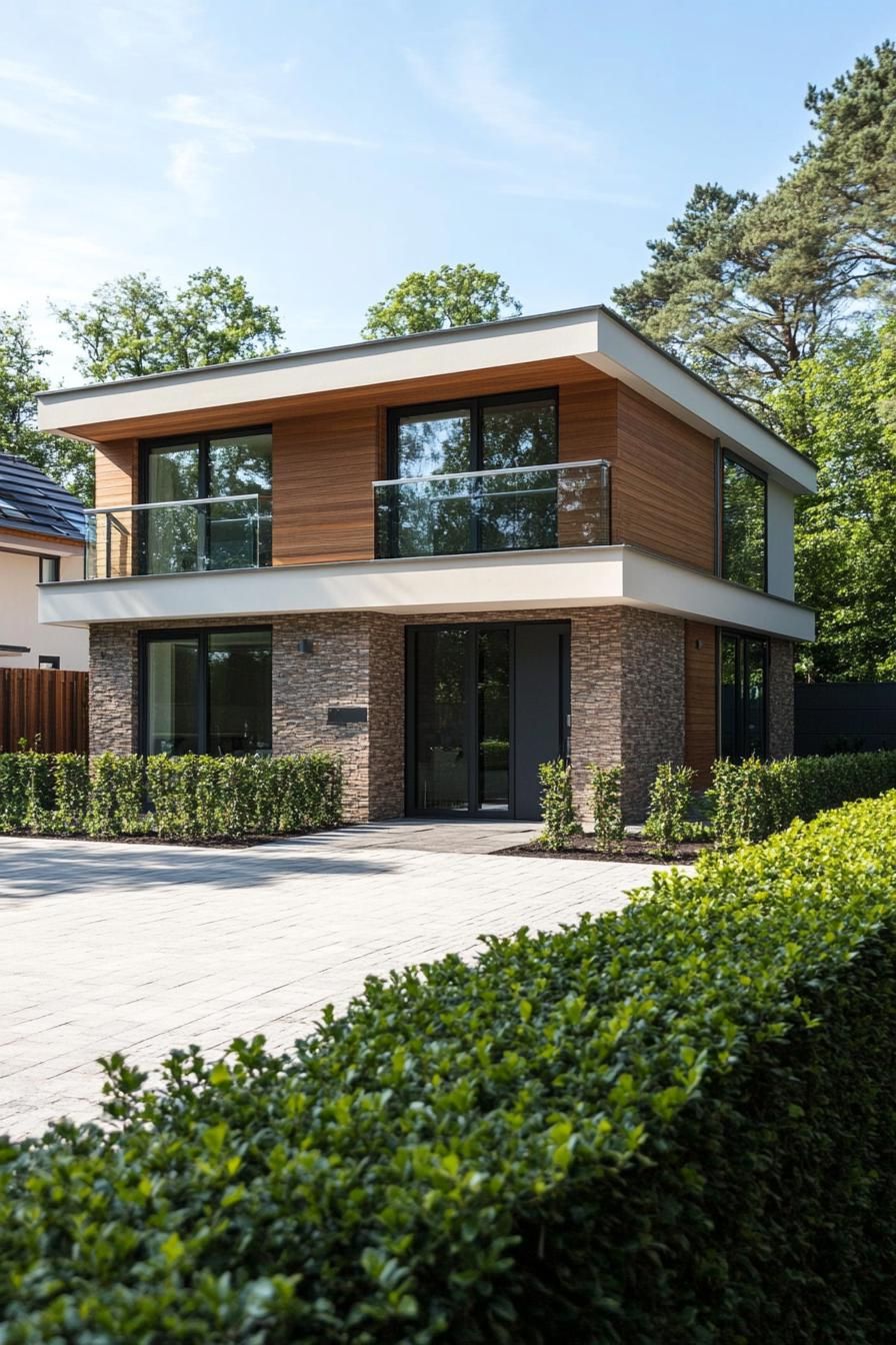 Modern two-story house with wood and stone facade