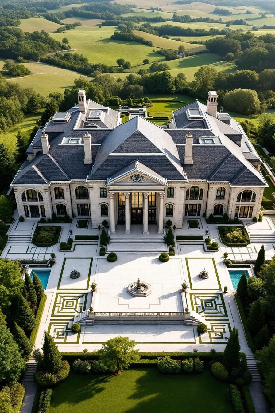 Expansive mansion with elaborate gardens and countryside view