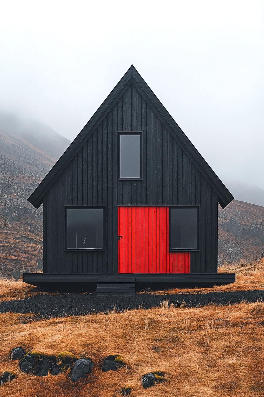 Black wooden house with a bright red door