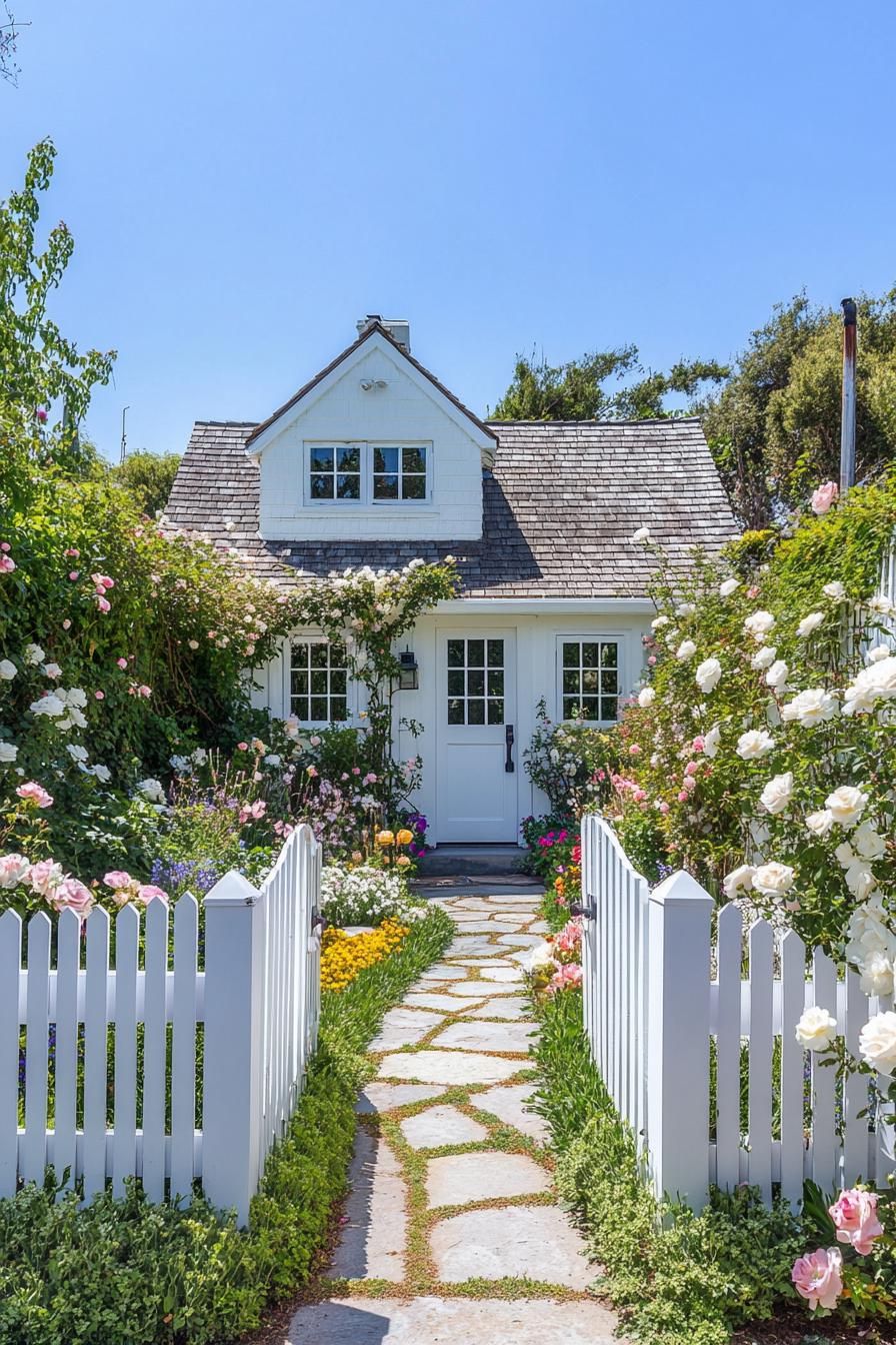 Charming white cottage with a flower-lined path