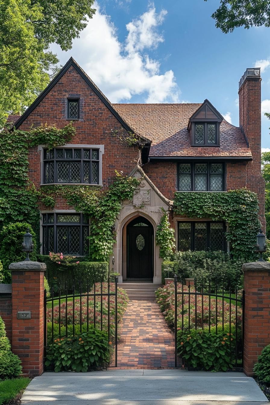 red brick English manor house facade with flower vines front yard with geometric shrubs front red brick fence with iron gate 2