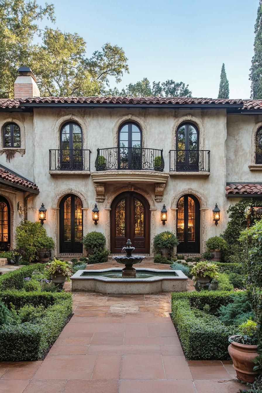 Elegant Mediterranean villa with arches and lush greenery