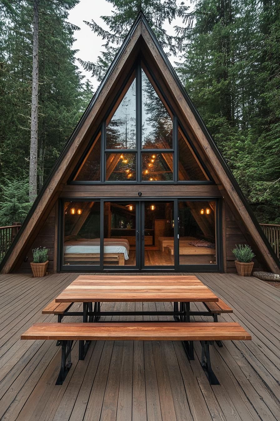 modern tiny a frame forest cabin on a large deck with benches built into the railings dining table with benches in the front 2