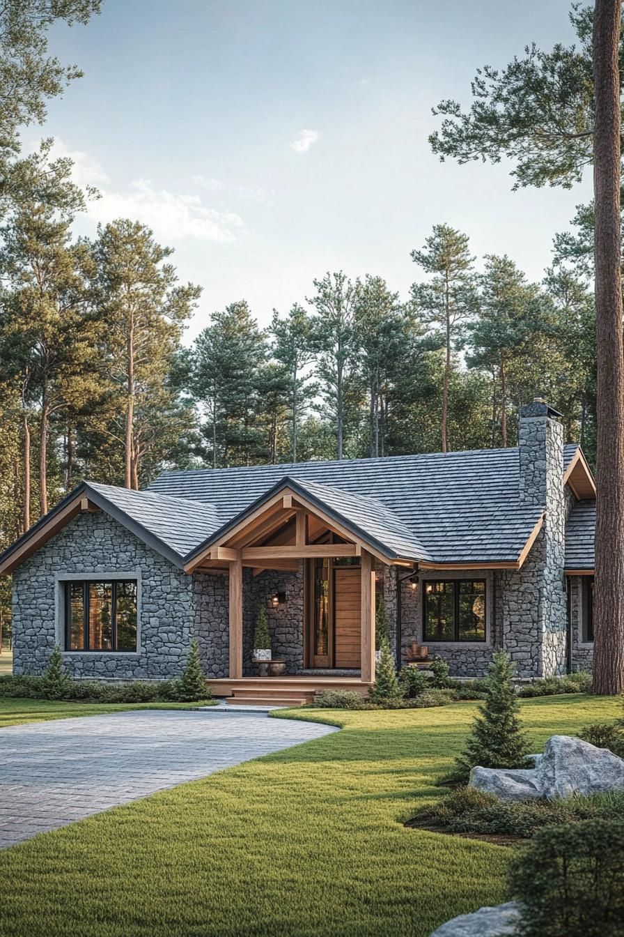 Cozy stone house amidst tall pines