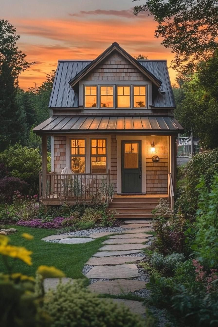 tiny luxury cottage 2 stories tiny porch clapboard siding gable metal roof front garden stunning sunset forest view down the hill 1