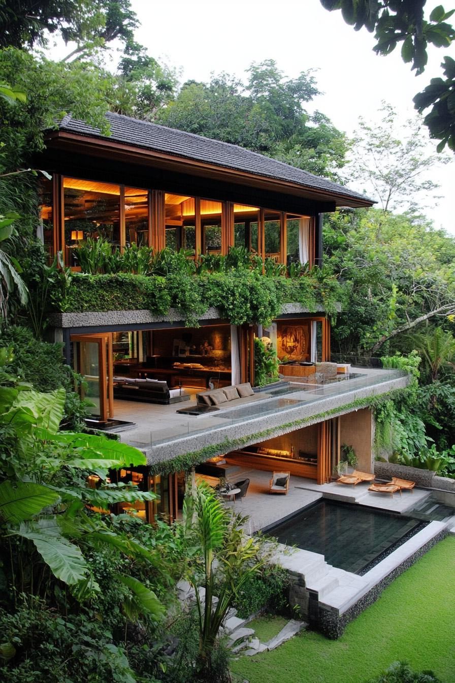 Modern villa with lush greenery and a pool