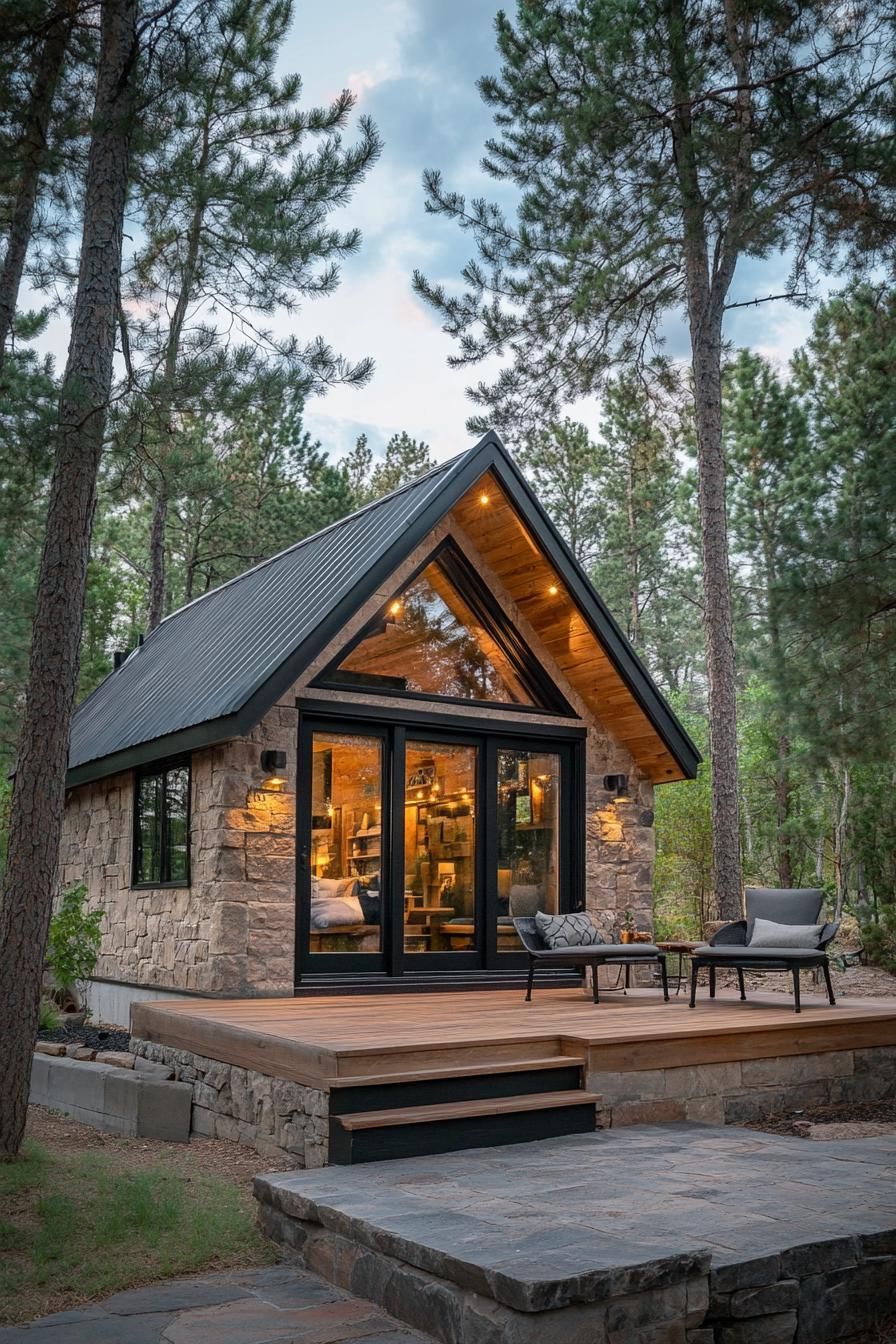 luxury tiny lodge stone siding exposed rustic beams sliding doors outdoor patio connected with indoors front deck with steps tall pines in the 2