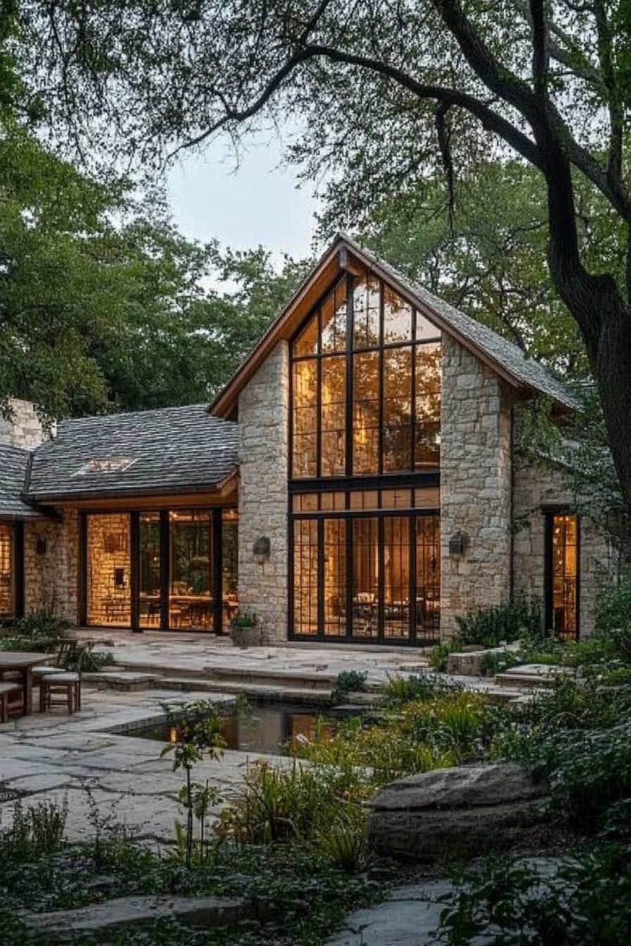 Stone cottage with large windows reflecting nature