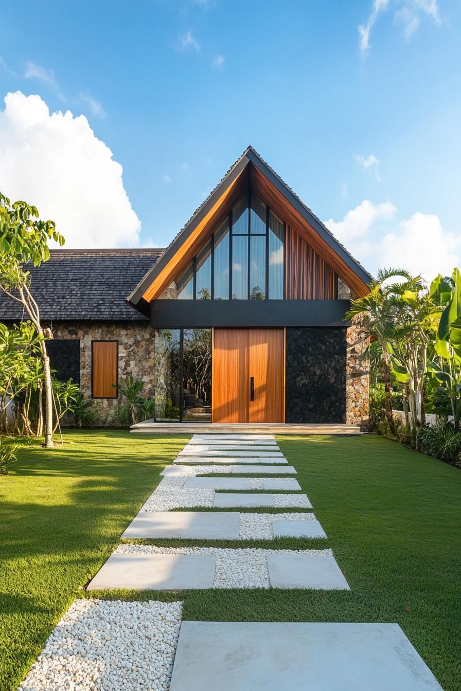 Balinese house with a triangular roof and stone facade