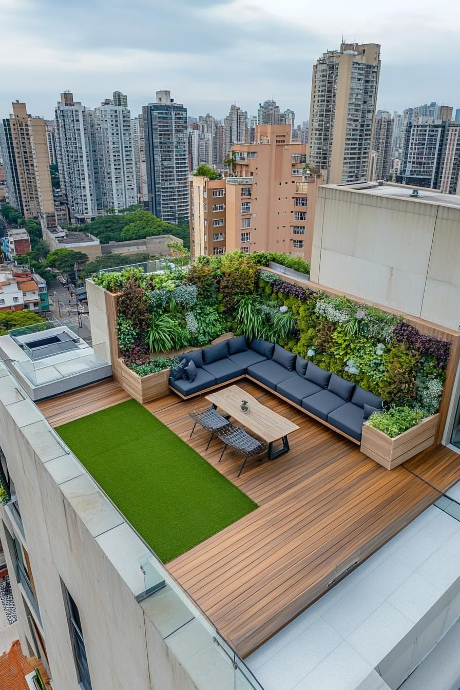 aerial view of a rooftop terrace on a residential building in a big city the terrace has part wooden tile deck part artificial grass planter boxes 1