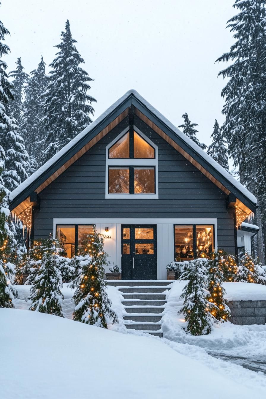 front view of a modern cottage house with grey horizontal slatted siding large white windows multi pitched roof with snow porch with white columns 2