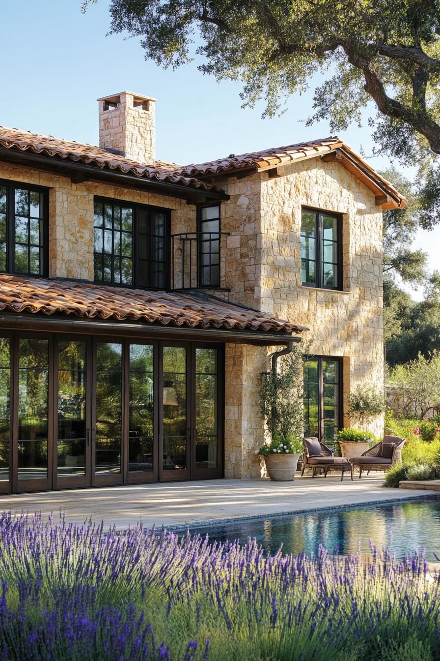 Charming villa with stone exterior and vibrant lavender