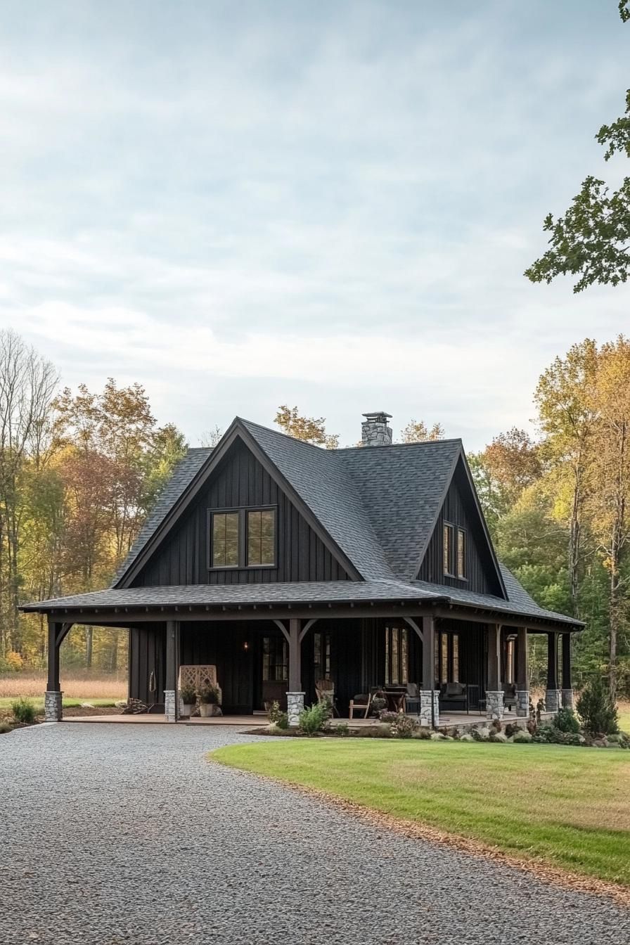 countryside barn style house with dark wood siding grey stone roof tile roof with gables front porch with post beams theres a large carport and 3