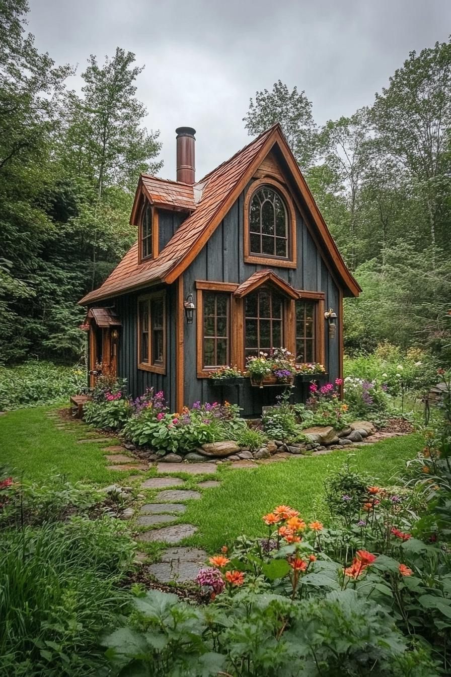 Charming wooden cabin surrounded by lush greenery and vibrant flowers