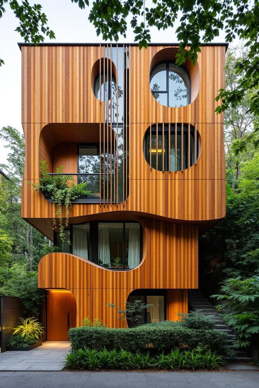 Wood-clad building with curvy designs and lush greenery