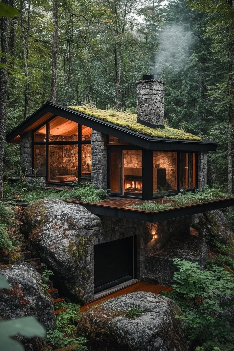 Glass-walled cabin with mossy roof in forest