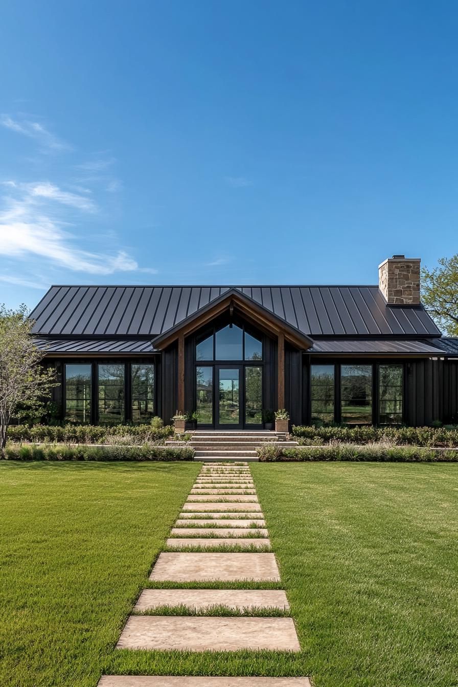 Stylish ranch home with dark metal roof and stone chimney