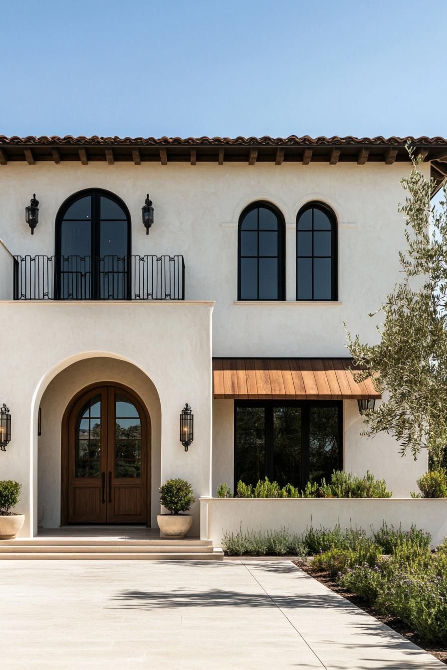 Exterior of a Mediterranean-style house with arched windows