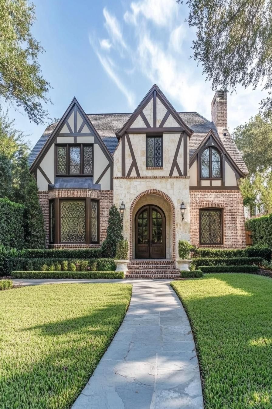 Front of a modern Tudor-style home with manicured lawn