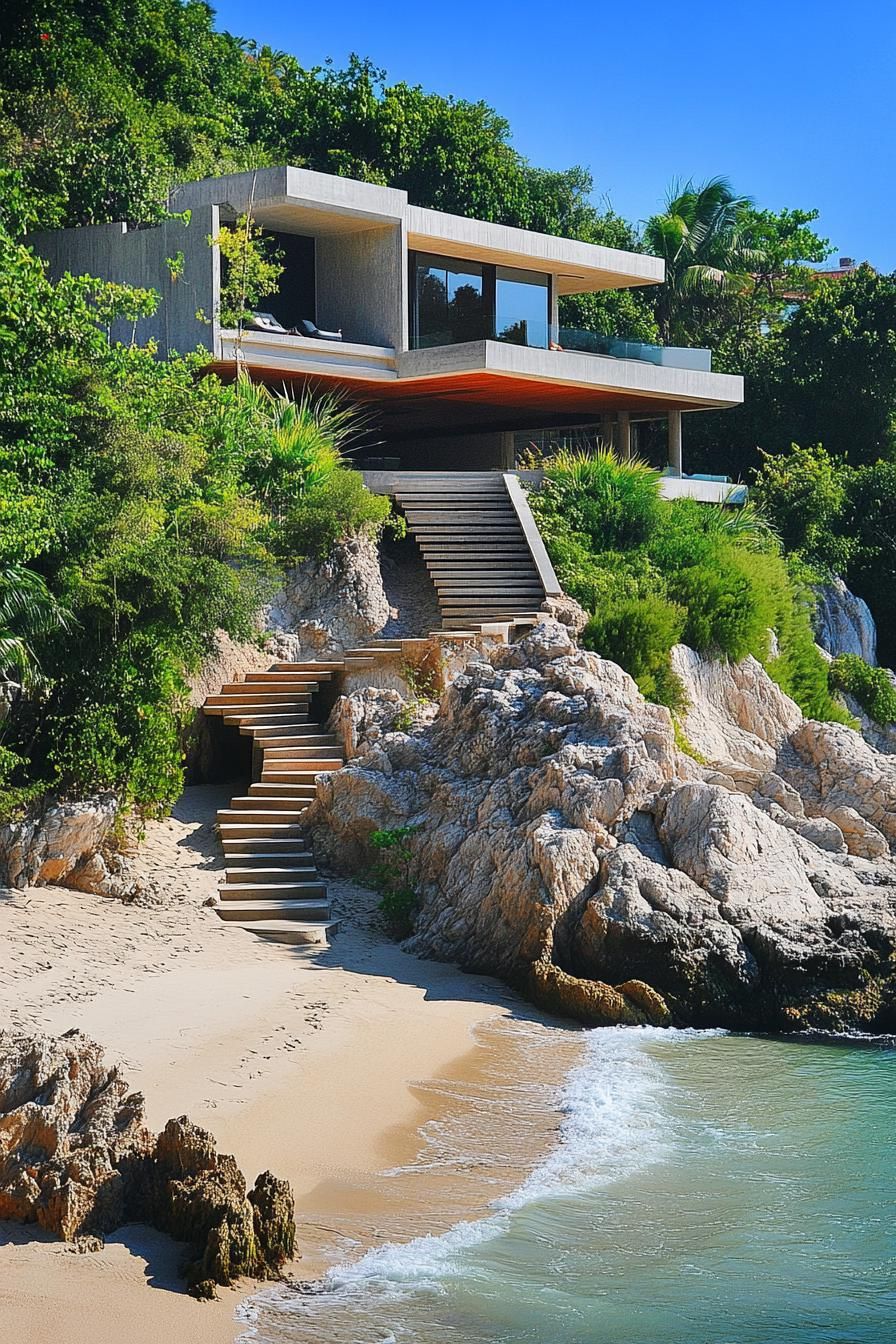 Modern coastal house on a rocky hillside with beach access