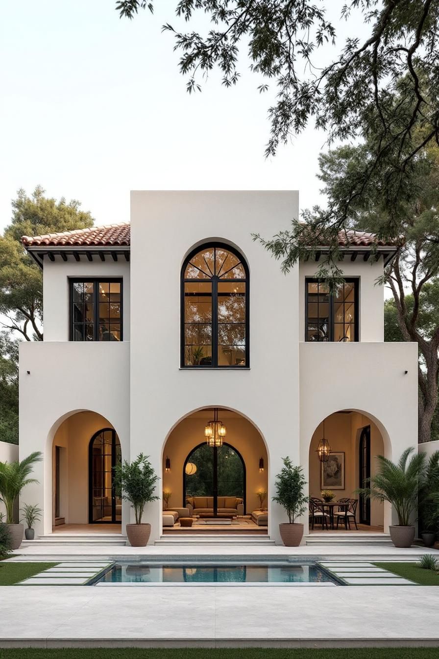 Modern Arabic villa with arches and pool