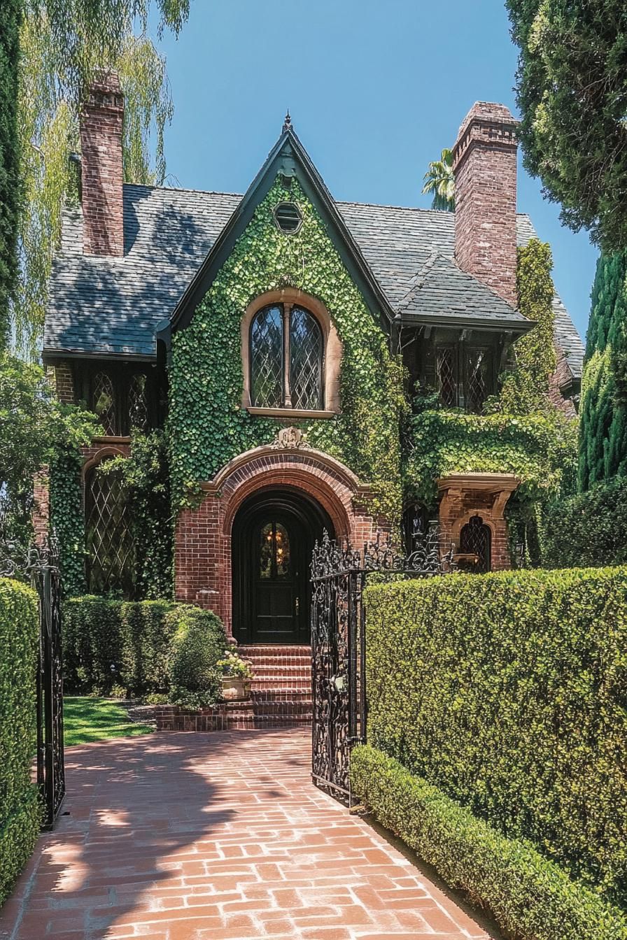 Brick house with ivy, pointed roof, and brick pathway