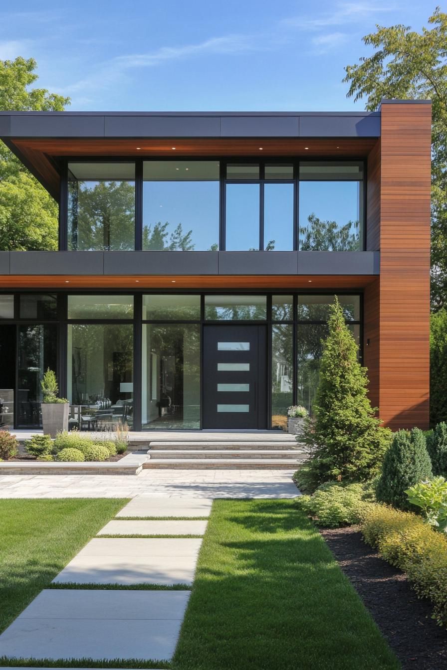 Modern house with large glass panels and a wooden facade