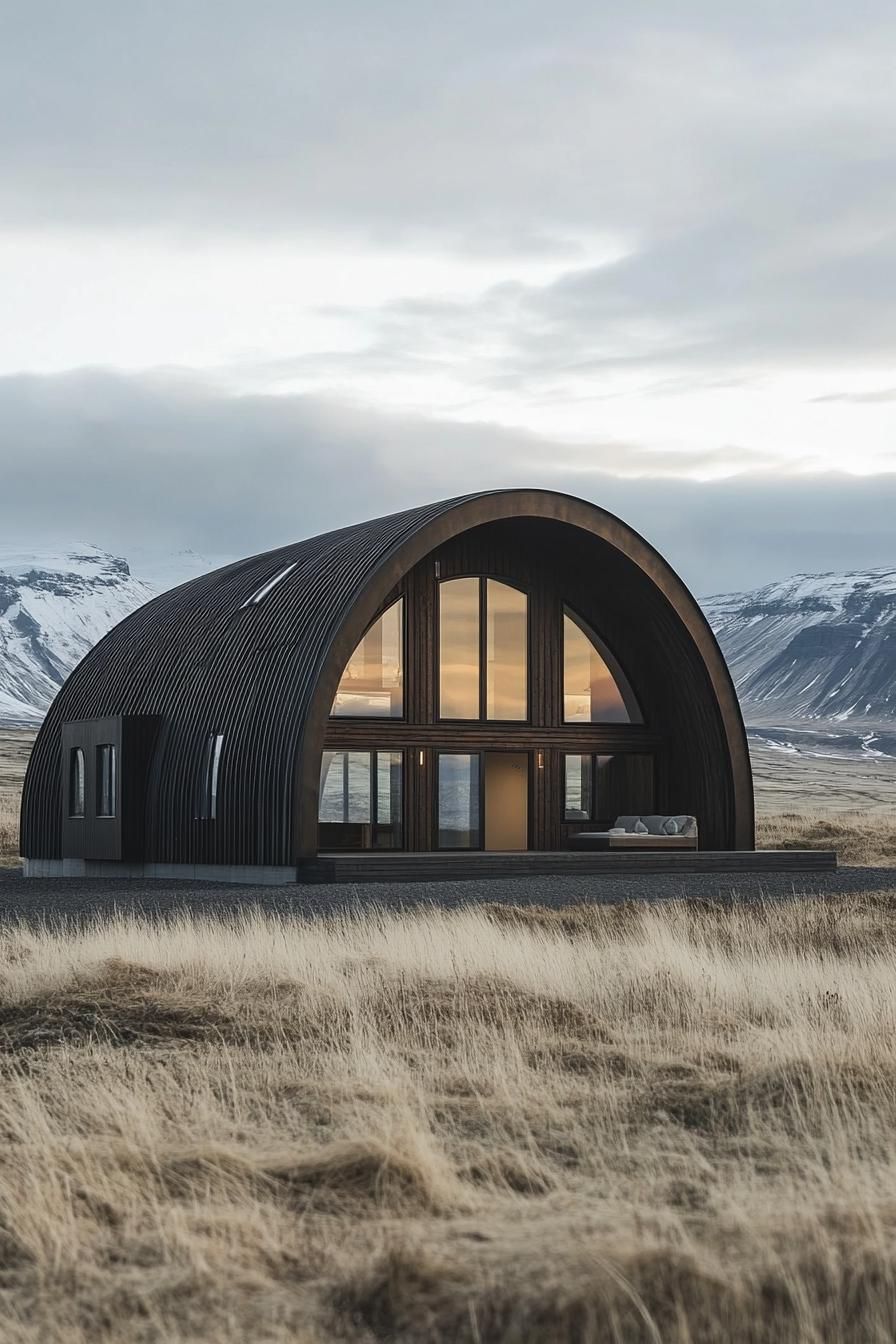 Quonset hut with mountains in the background