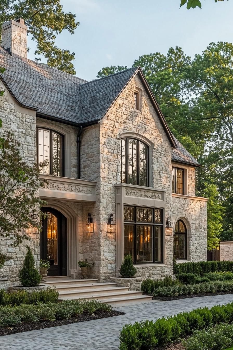 tudor style stone manor on woodlands facade with vines modern windows cobbleston yard