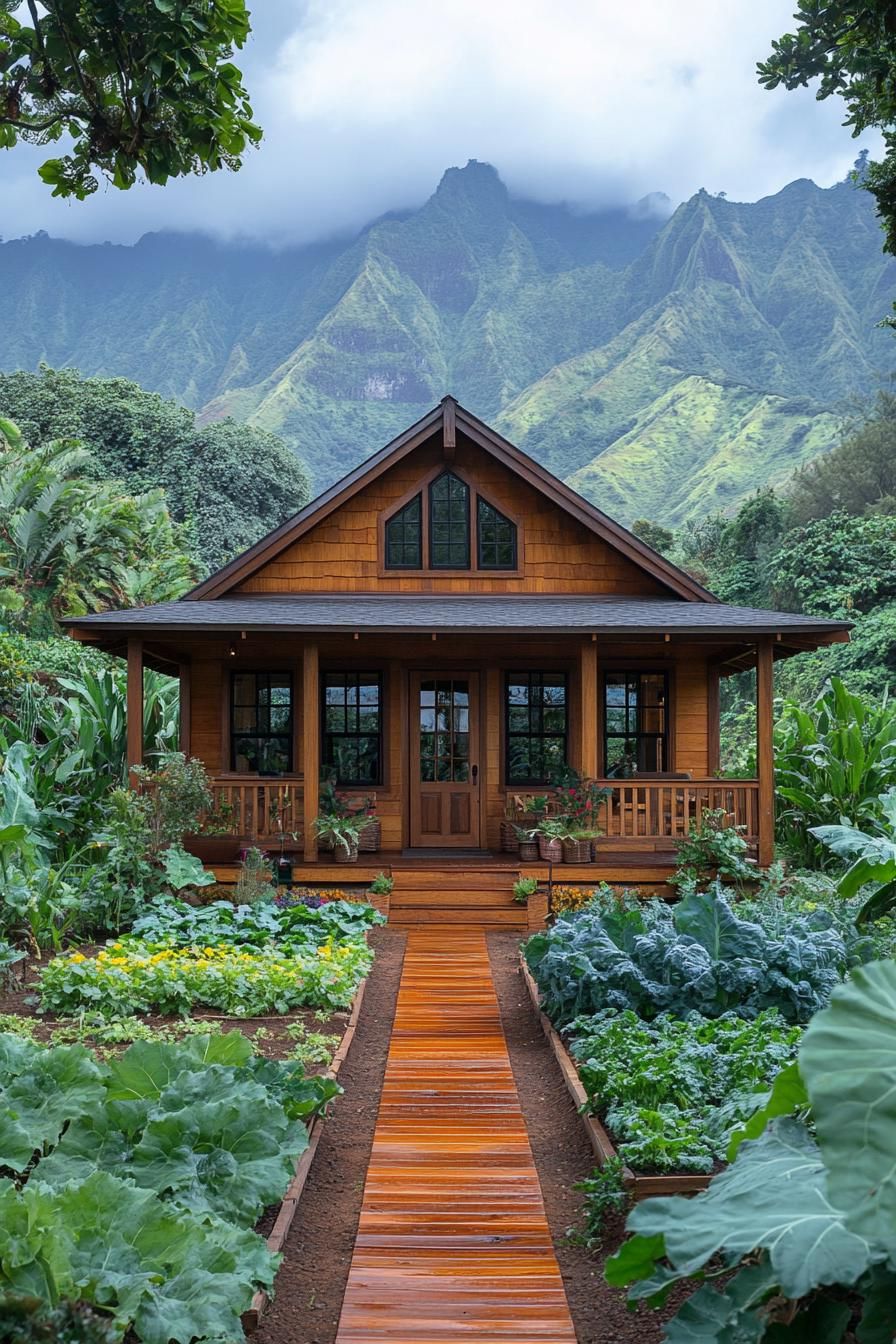 Rustic cabin with a front porch nestled in lush greenery