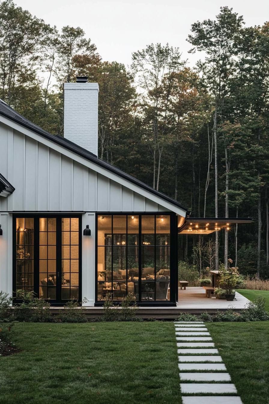 Modern farmhouse with glass doors at sunset