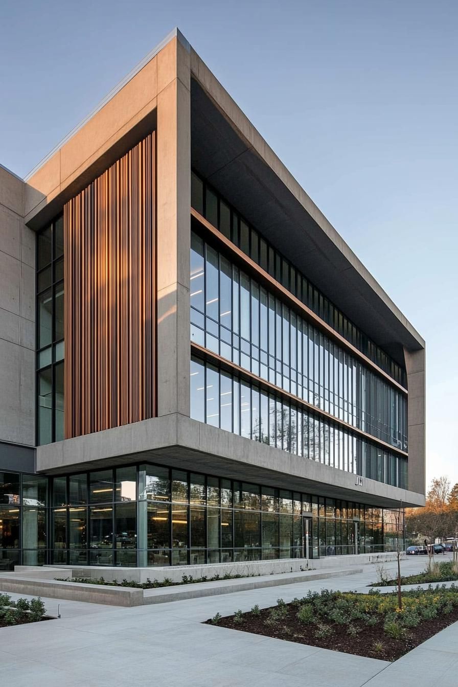 Modern building with glass exterior and vertical wooden panels