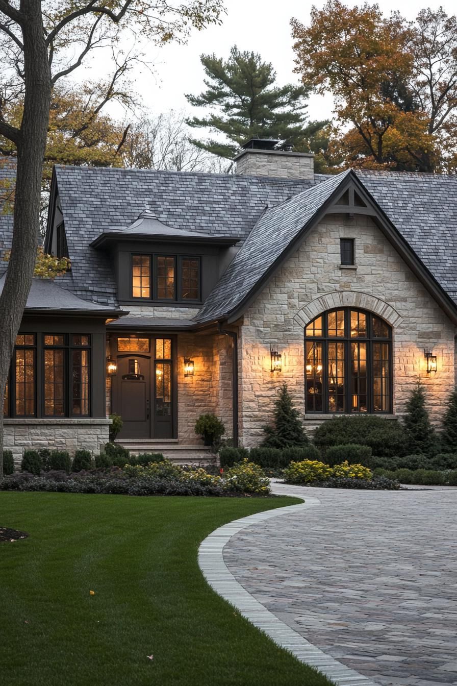 Stone house with large arched windows and a cozy path