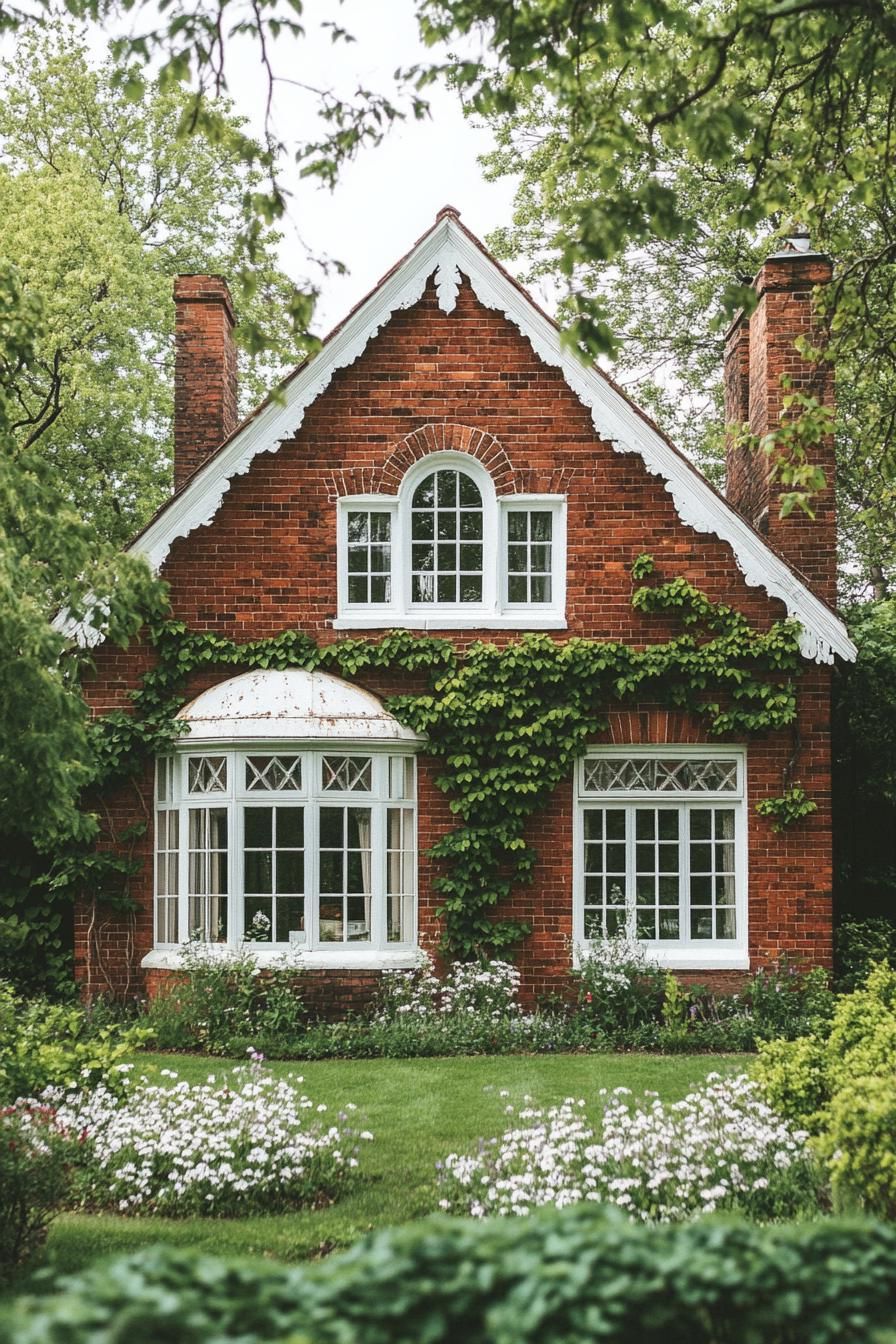 countryside English brick manor house with white windows bay windows vine on facade front yard with native flower garden 2