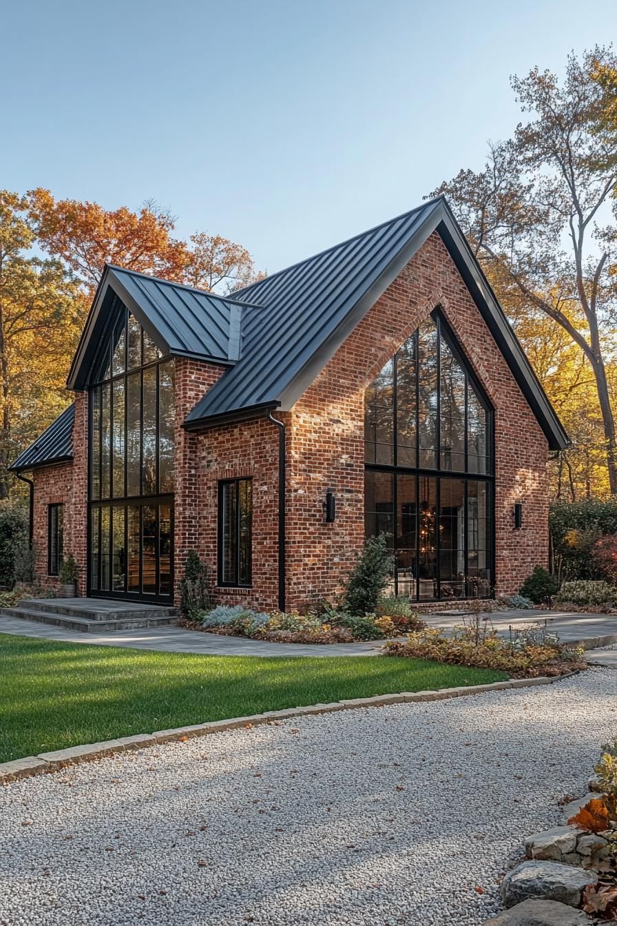 Modern barn house with large glass windows and brick facade