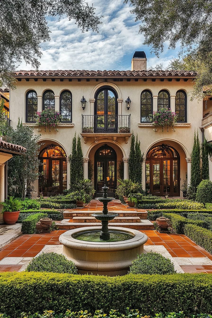 Mediterranean villa with arches and a courtyard fountain