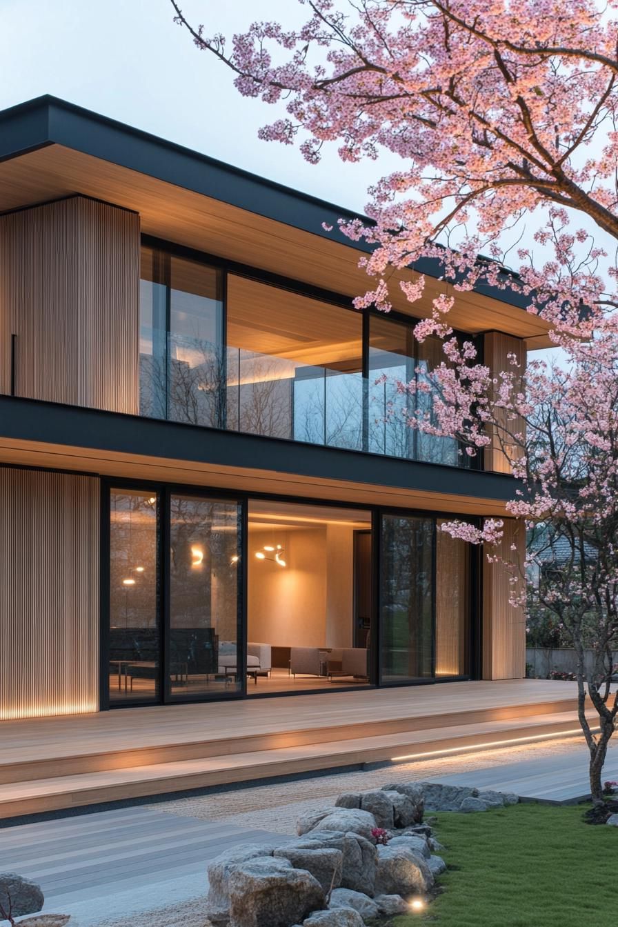 Elegant minimalist house with cherry blossoms in the foreground