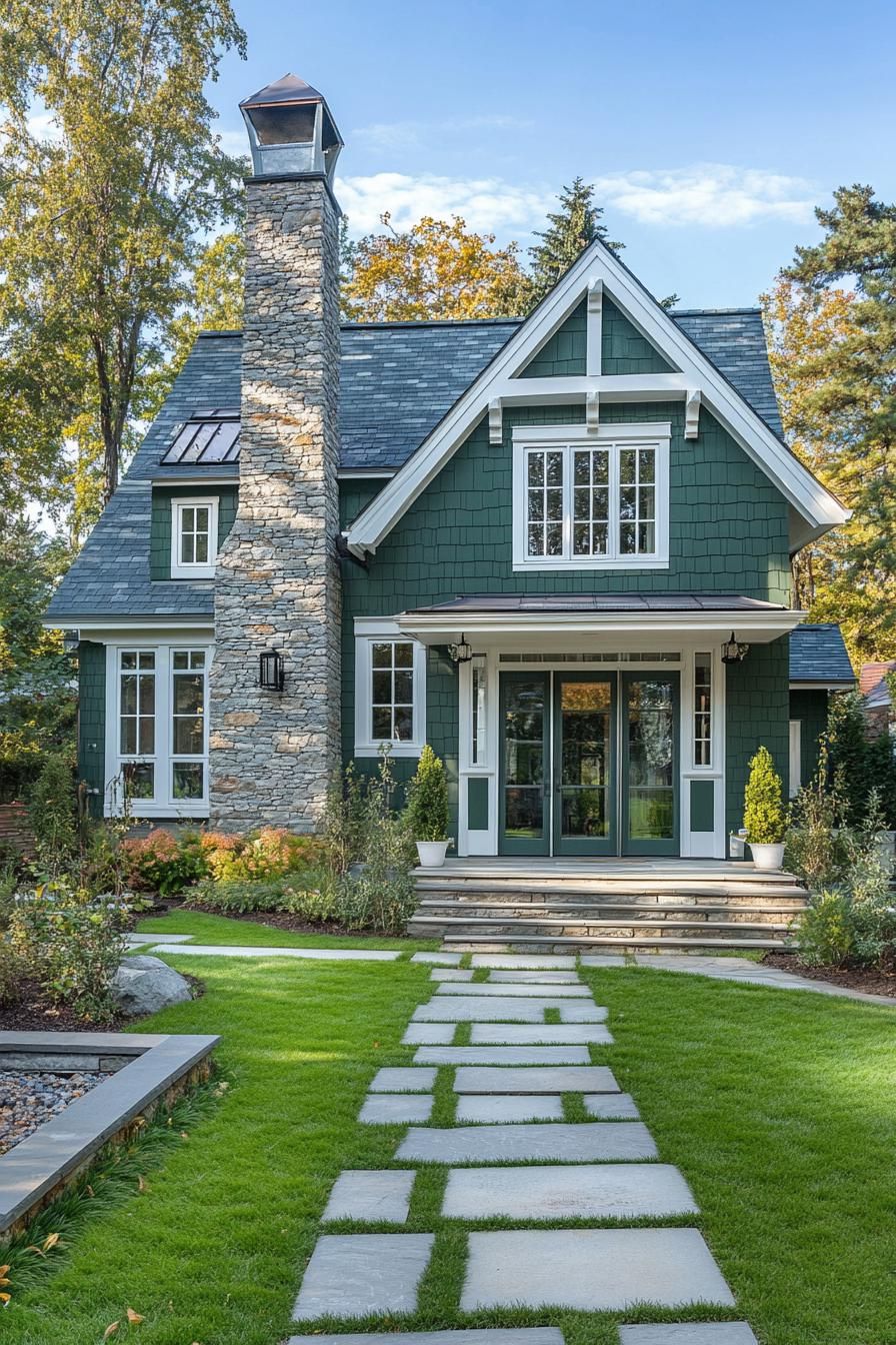 modern cottage with forest green clapboard siding stone foundation stone grey multi pitched roof chimney white large windows with mouldings