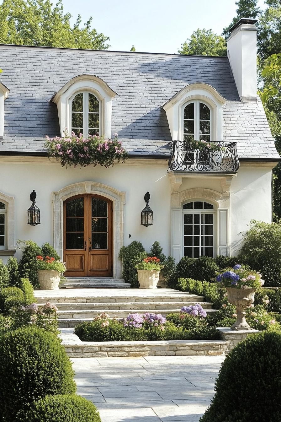 french white cottage with grey stone tile roof with dormers iron balconies with flowers stone brick foundations front yard with steps geometric 3