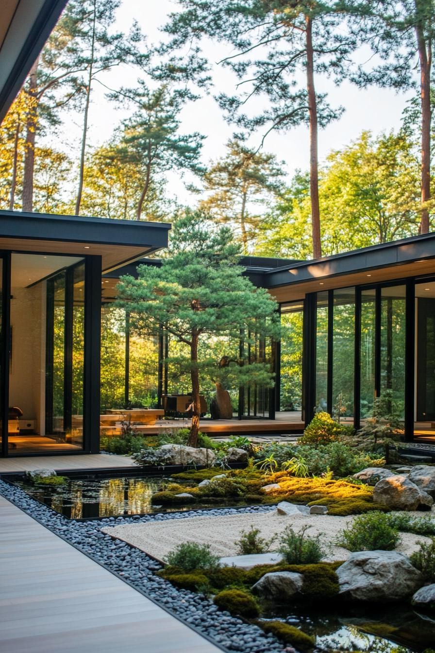 Japanese courtyard house with glass walls overlooking a serene garden