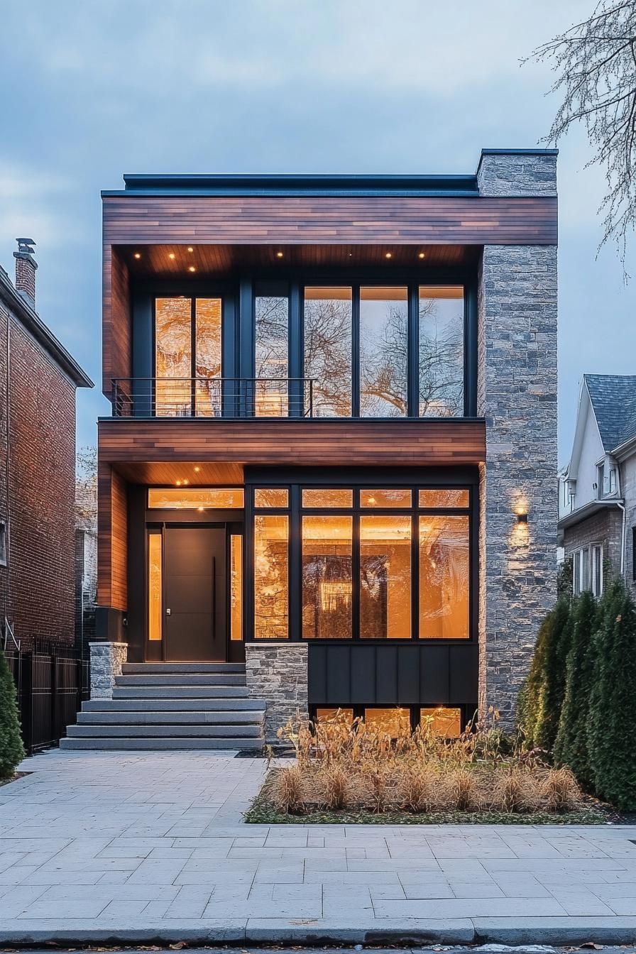 modern cottage inner courtyard facade siding polished stone tile with dark wood large windows balcony with metal railings paved yard geometric